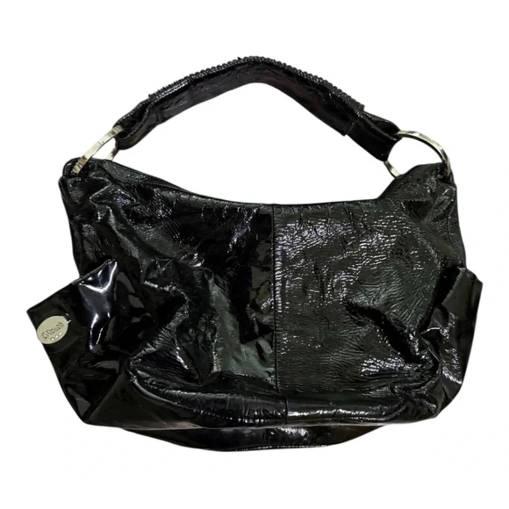 DXtouch Black Patent Leather Shoulder Bag Rhinestone Strap Y2K Glam Hobo Bag